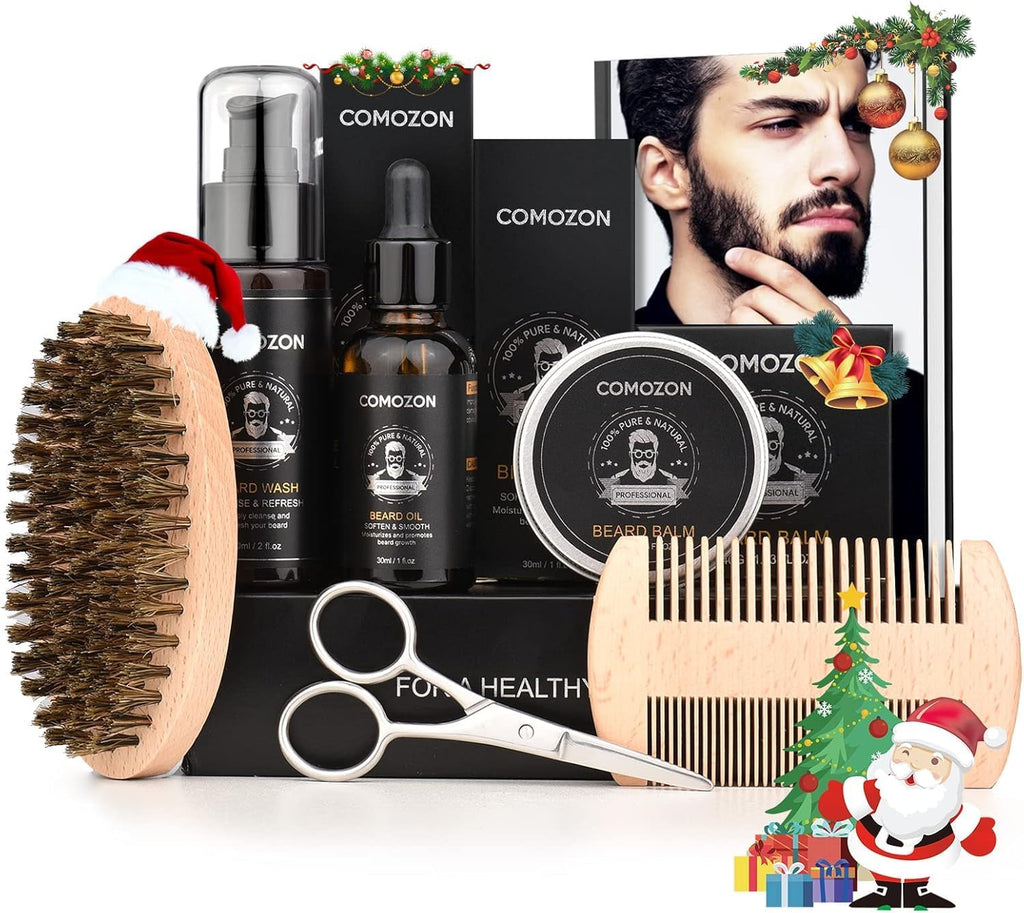 Kit Barbe Homme Complet 12 En 1, Kit De Soin Barbe Homme Avec Rouleau Barbe Contenir Huile Barbe, Shampoing Barbe,Crèmes De Barbe, Peigne Barbe,Ciseaux Barbe,Brosse À Barbe, Rasoir, 10 Lames Barbe