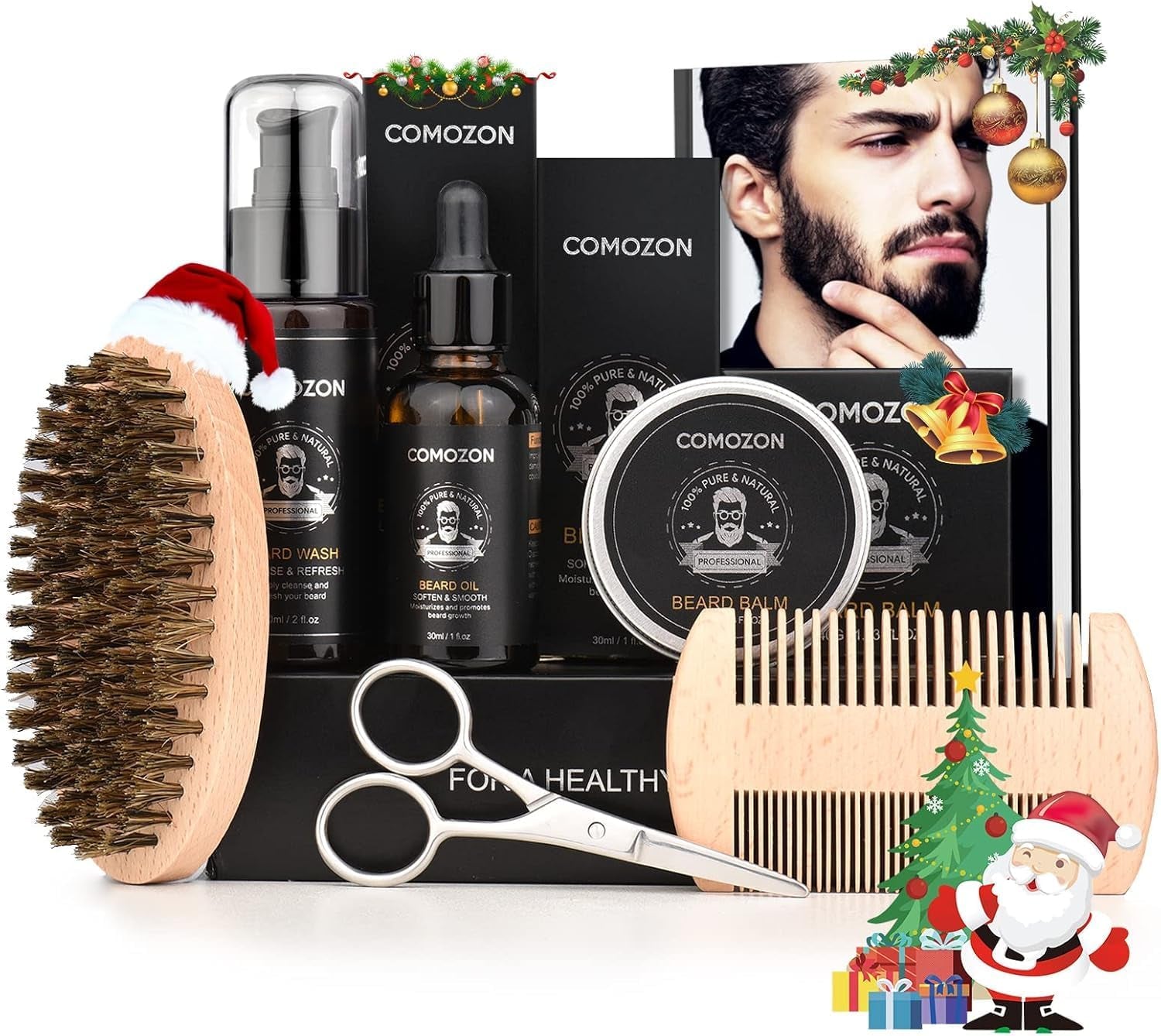 Kit Barbe Homme Complet 12 En 1, Kit De Soin Barbe Homme Avec Rouleau Barbe Contenir Huile Barbe, Shampoing Barbe,Crèmes De Barbe, Peigne Barbe,Ciseaux Barbe,Brosse À Barbe, Rasoir, 10 Lames Barbe